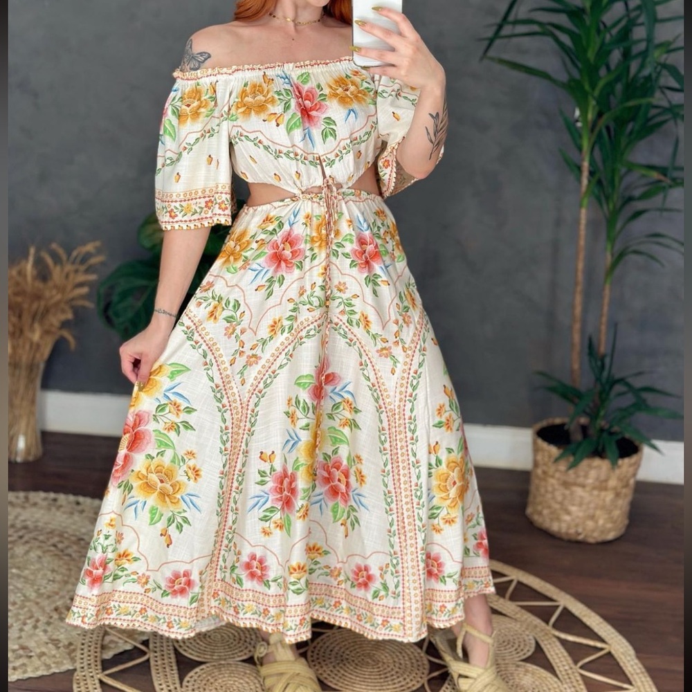 FARM Rio Cream Floral Off-Shoulder Cutout Maxi Dress